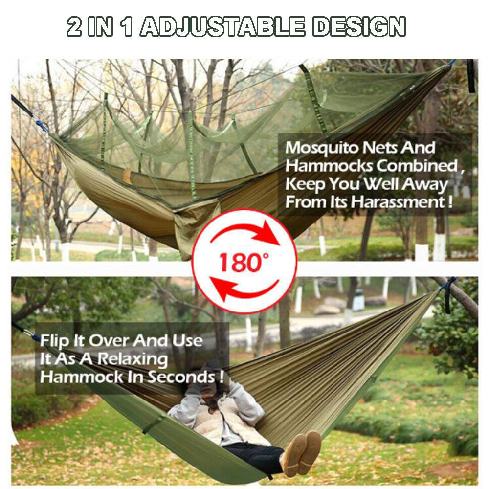 IClover Portable 2 Persons Outdoor Camping Jungle with Mosquito Net Garden Hanging Nylon Bed Hammock Swing Bug Net Cot for Relaxation, Traveling, Outside Leisure Green