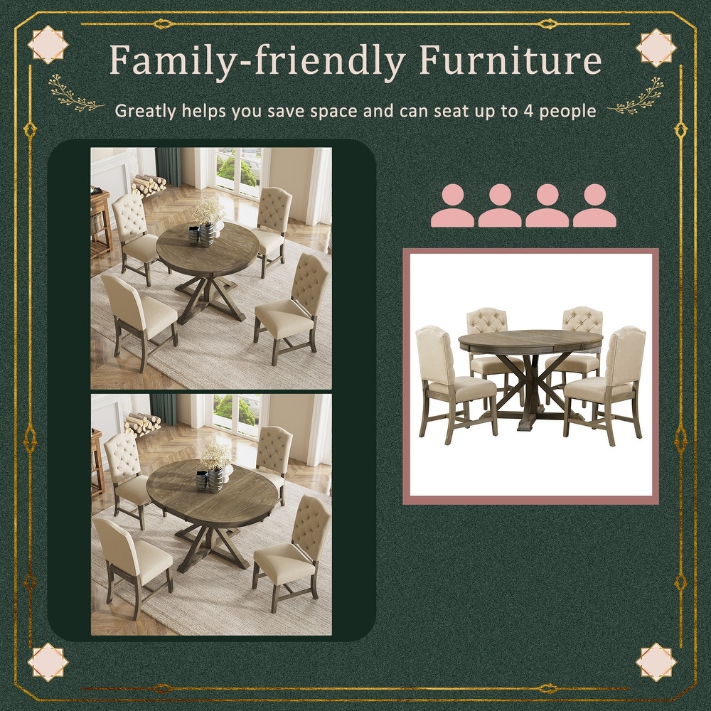 Functional Retro Style 5 Piece Dining Set   Extendable Table with 4 Upholstered Chairs  Modern Farmhouse Design