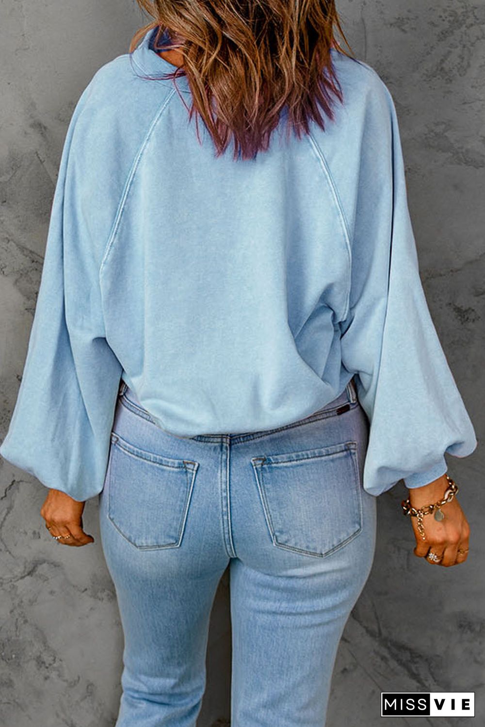 Sky Blue Washed Snap Buttons Lantern Sleeve Pullover Sweatshirt