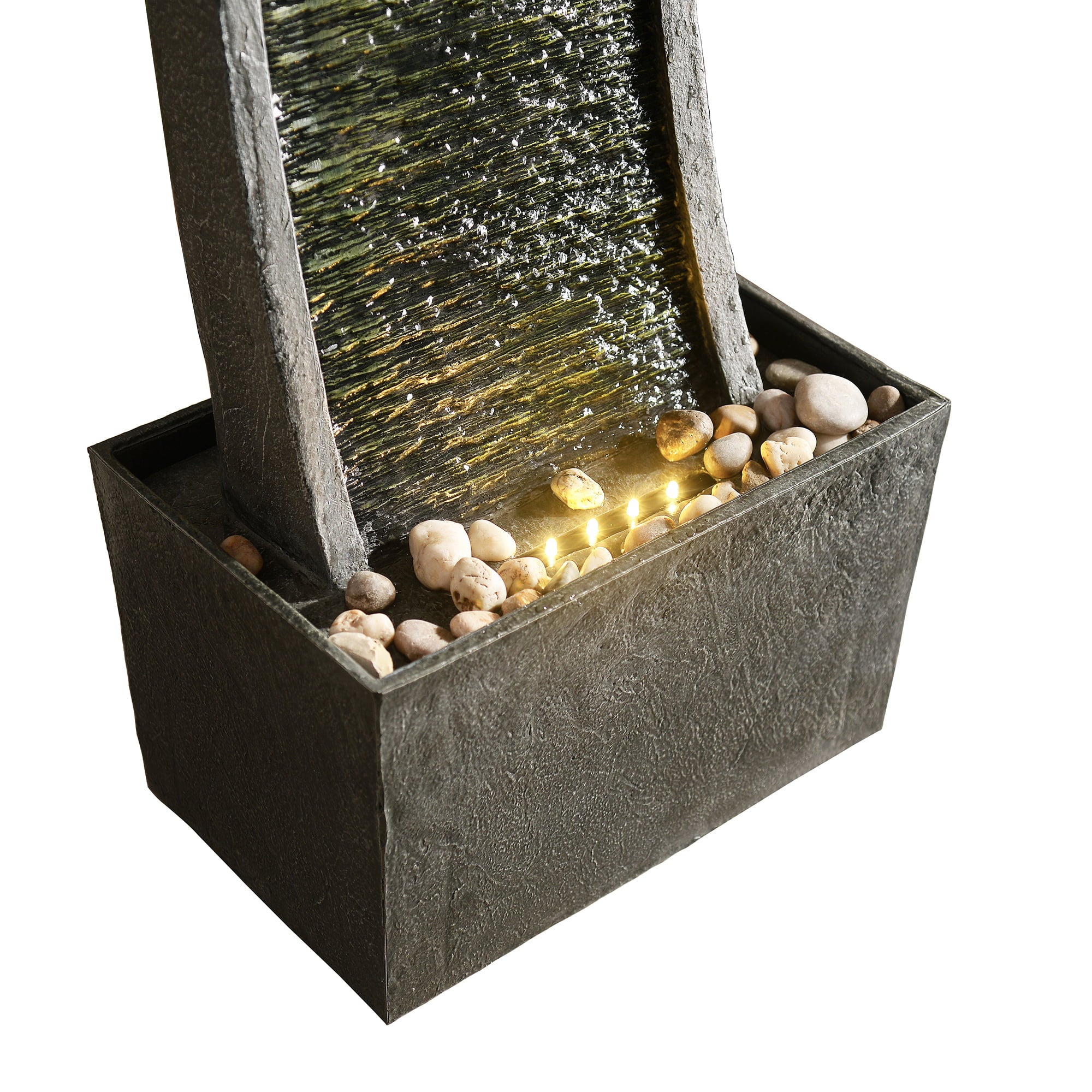 Teamson Home Indoor/Outdoor Modern Curved Slate Stone-Look Tall Waterfall Fountain with LED Lights