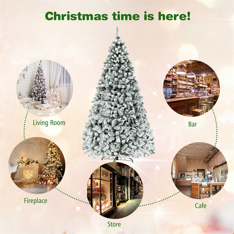 6/7.5/9FT Pre-Lit Hinged Artificial Christmas Tree, Premium PVC Snow Flocked Pine Tree with Metal Stand