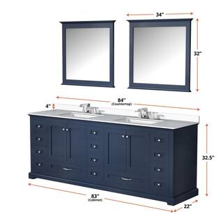 Lexora Dukes 84 in. W x 22 in. D Navy Blue Double Bath Vanity Carrara Marble Top and 34 in. Mirrors LD342284DEDSM34