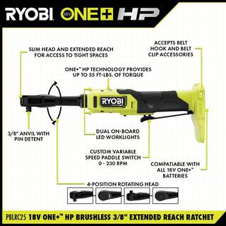 RYOBI ONE+ 18V Brushless Cordless 2-Tool Combo Kit w14 in Extended Reach Ratchet  38 in Extended Reach Ratchet (ToolsOnly) PBLRC01B-PBLRC25B