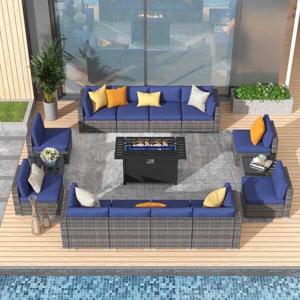 Grey 8Piece Wicker Patio Furniture Set Navy Blue Cushions with Black 45” 50000 BTU Propane Fire Pit Table