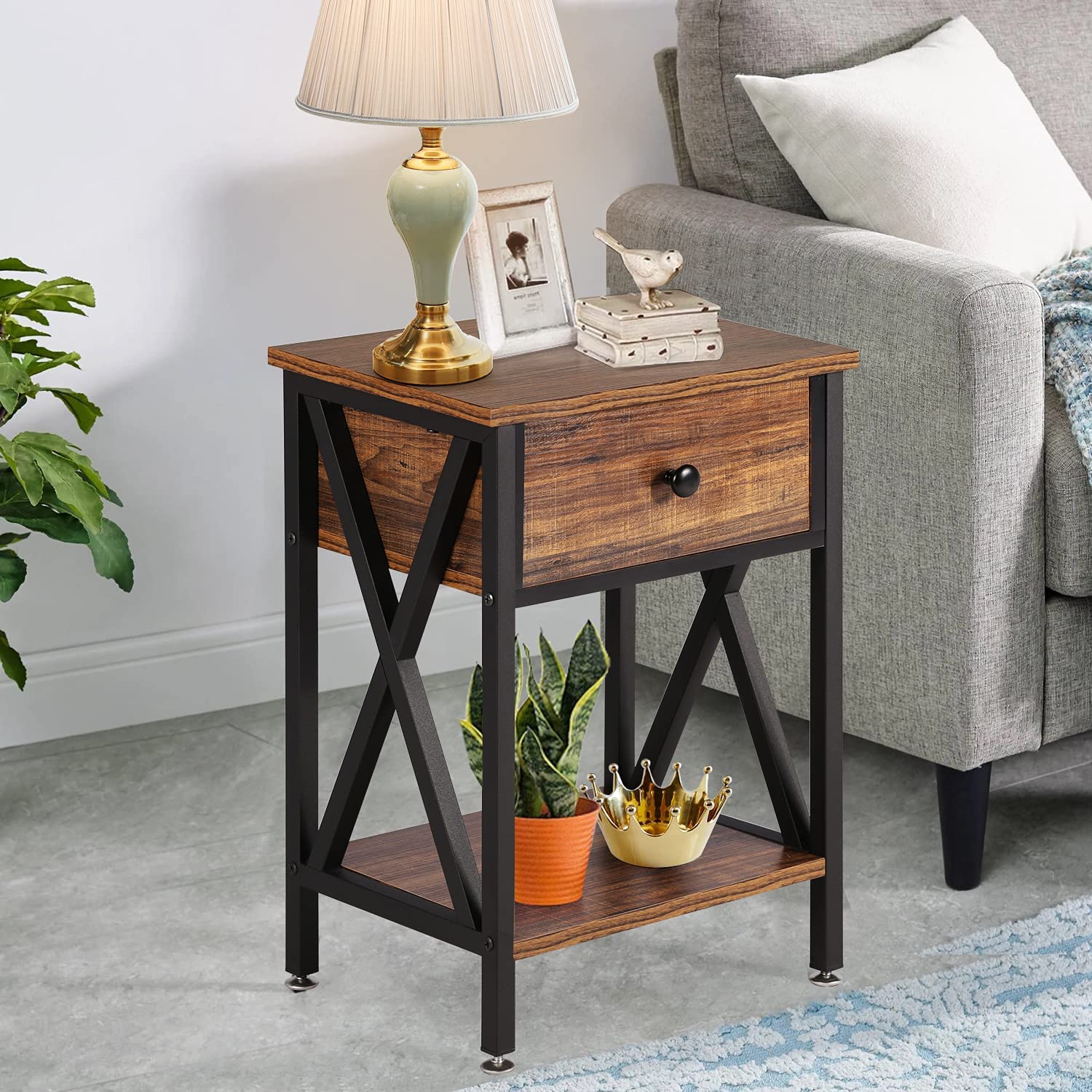 YELROL Nightstand Set of 2  Modern Bedside End Tables  Night Stands with Drawer and Storage Shelf for Living Room Bedroom  Industrial Metal Frame  Brown