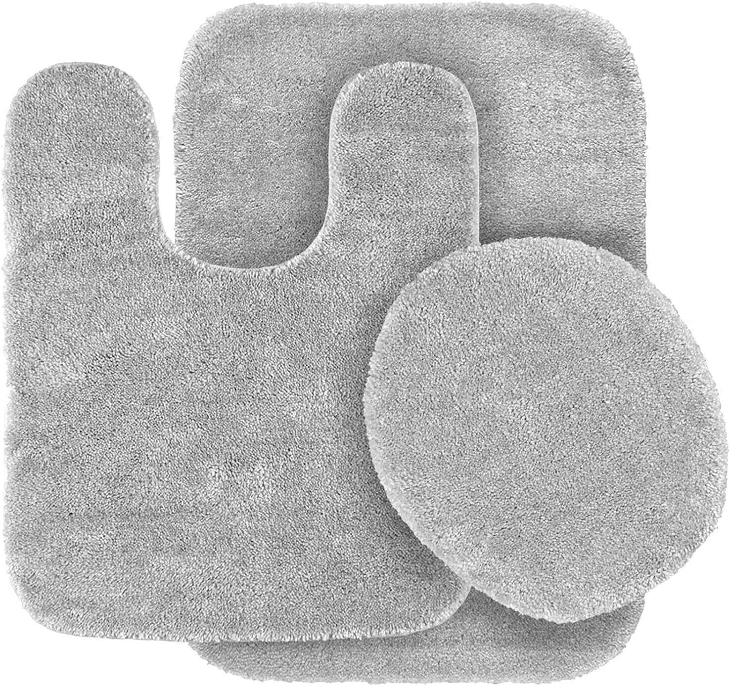 3-Piece Bathroom Rug Set Shiny SILVER Soft Plush， Plain Large Rug ， Contour Mat， and Toilet Lid Cover Rubber Backing