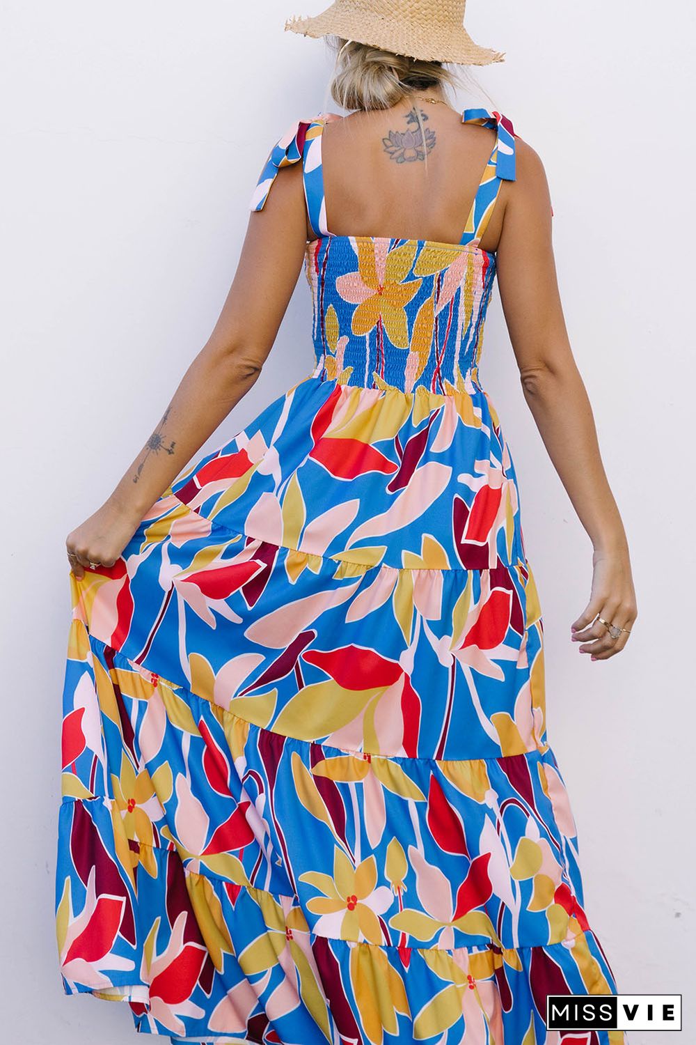 Blue Boho Print Tie Straps Smocked Maxi Dress