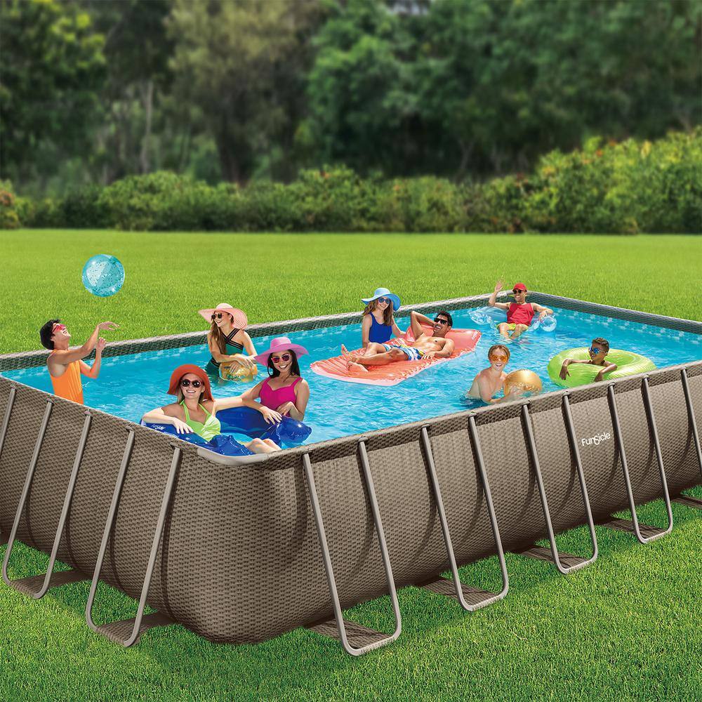 Funsicle 24 ft. x 12 ft. Rectangular 52 in. Deep Metal Frame Above Ground Pool Brown Basketweave P4N2412LB