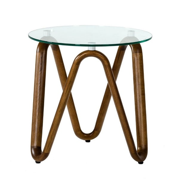 Cid 20 Inch Modern End Side Table， Glass Top， Artisanal Wavy Base， Walnut