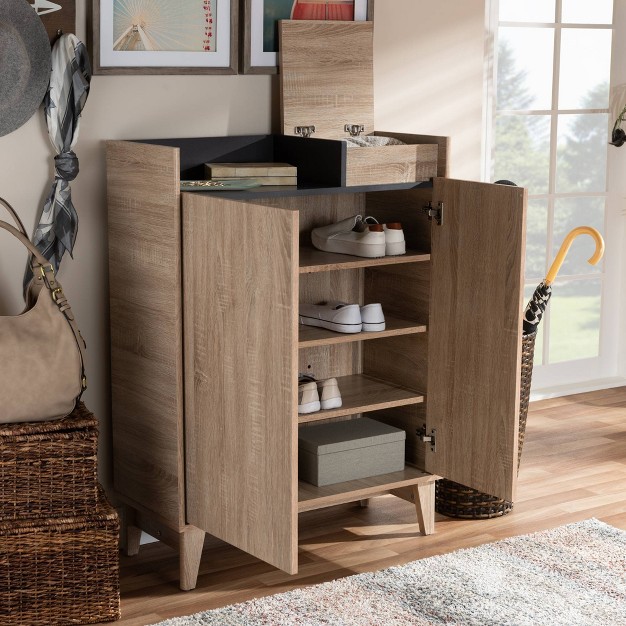 Fella Two tone Oak And Entryway Shoe Cabinet With Lift Top Storage Compartment Brown Baxton Studio