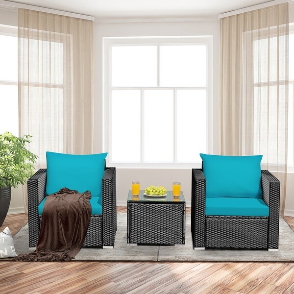 Costway 3PCS Patio Rattan Wicker Furniture Set Sofa Table W/Cushion