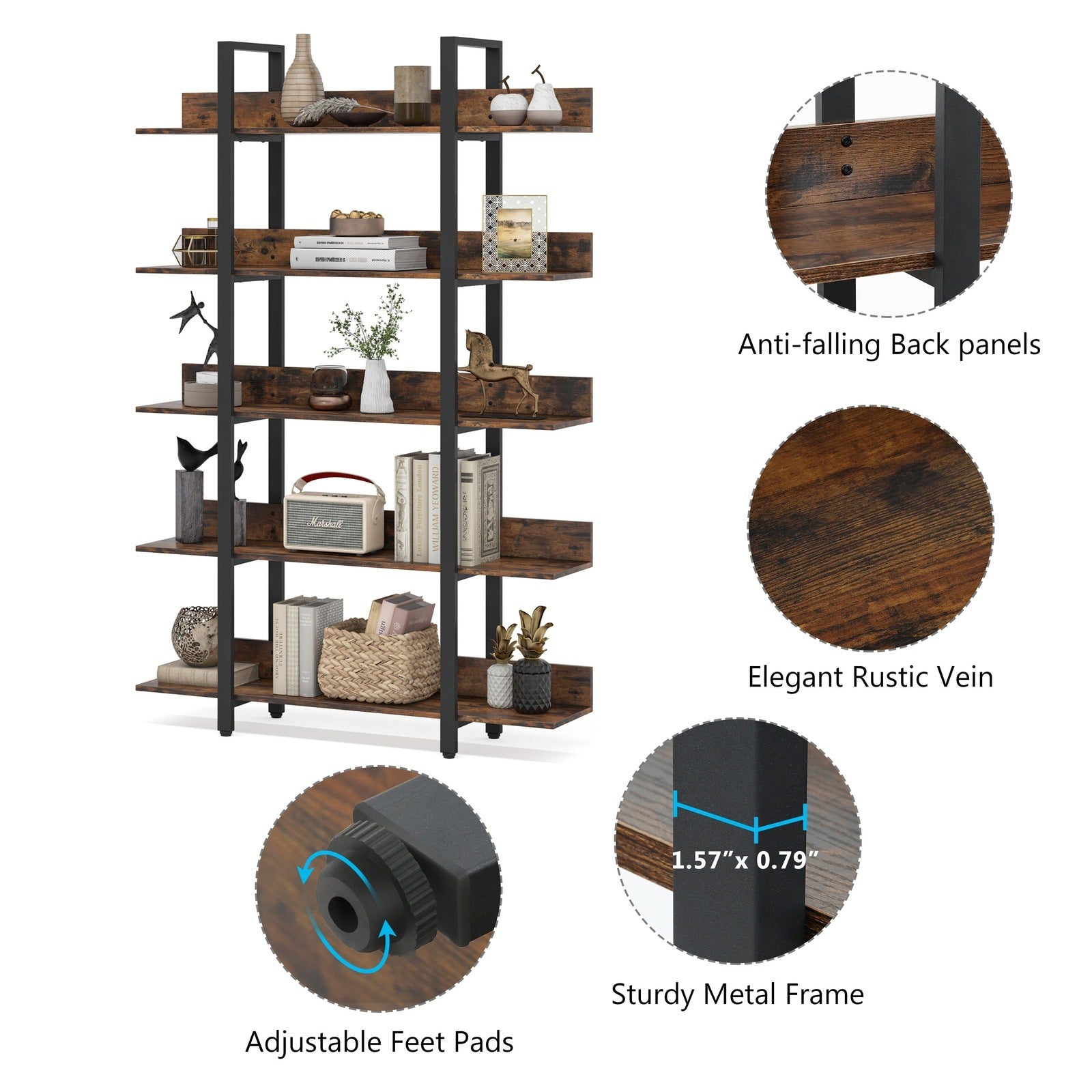 5-Tier Bookshelf, Industrial 5-Shelf Etagere Bookcase