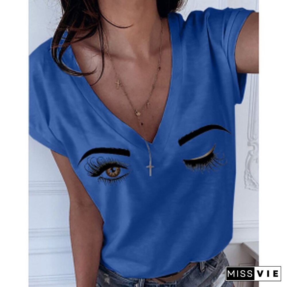 Fashion New Casual Tops Graphic Tshirts FemaleSummer Eyebrows Eye Print Short Sleeve V-neck Women T-shirt