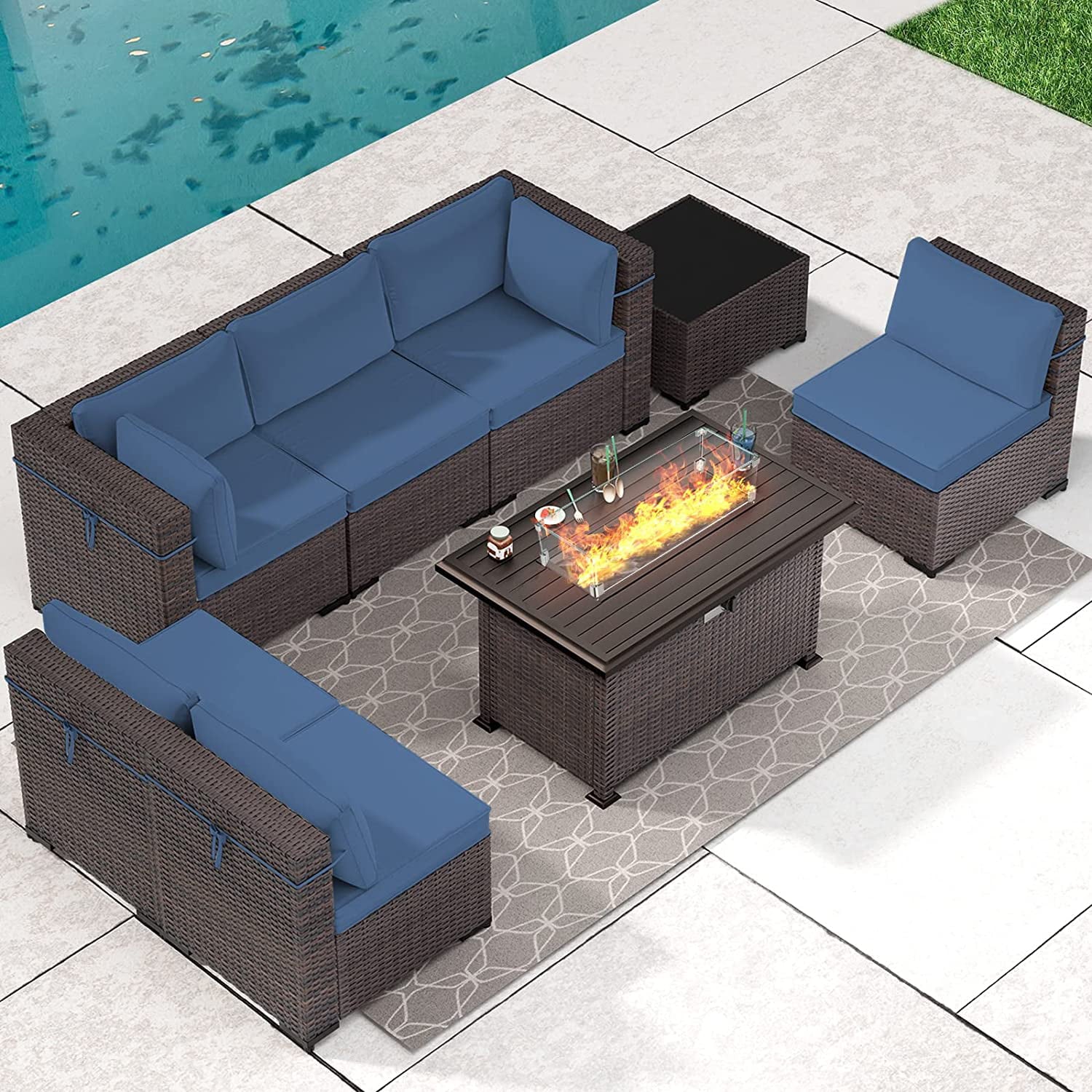 Gotland 8 Piece Outdoor Patio Furniture Set with 43“ Gas Fire Pit Table Patio Furniture Sectional Sofa Set (Navy Blue)