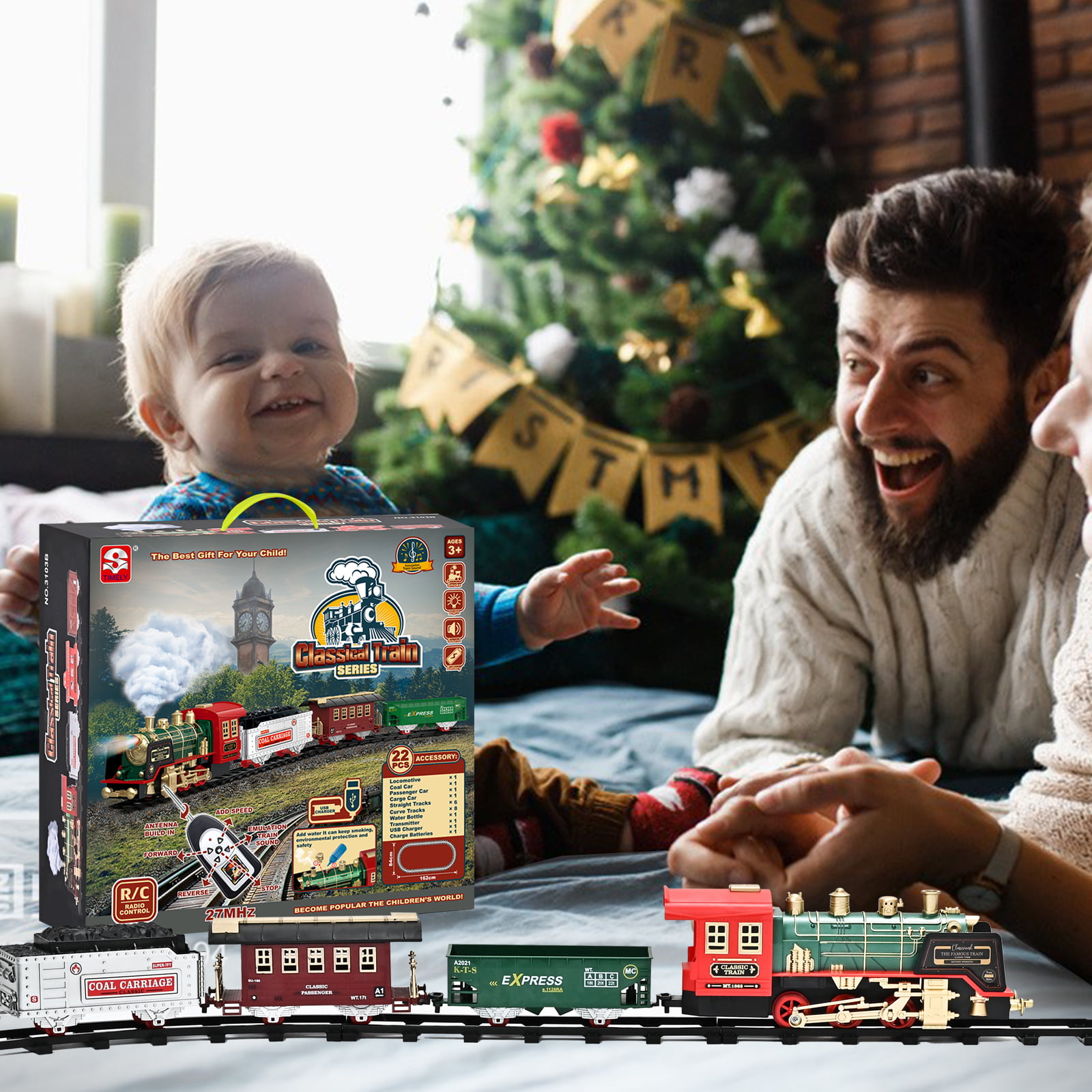 FANL Train Set Toy， RC Train Set W/ Smoke， Lights， Sounds Railway ， Rechargeable Electric Train Toy Birthday Gift Toys for Age 3 4 5 6 + Kids