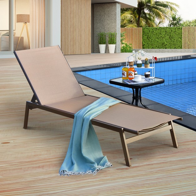 Tangkula Patio Chaise Lounger With 6 postion Adjustable Backrest And Breathable Fabric Brown