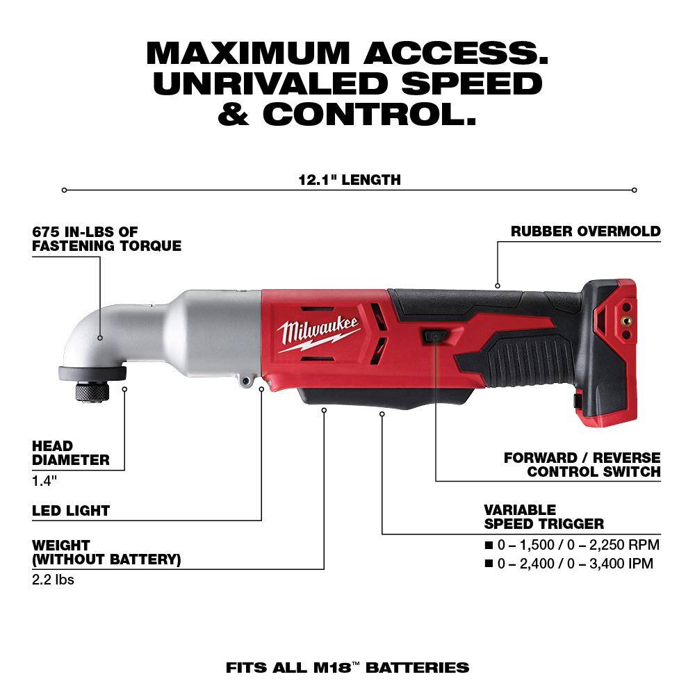 MW M18 18V Lithium-Ion Cordless 14 in. Hex 2-Speed Right Angle Impact Driver W (1) 5.0Ah Battery and Charger 2667-20-48-59-1850