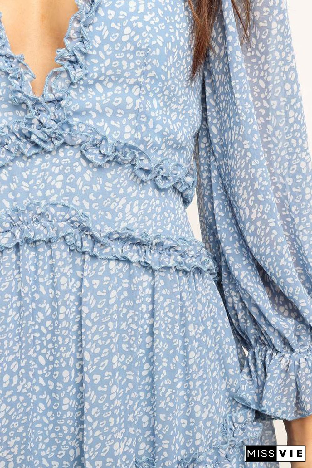 Sky Blue Ruffle Detailing Open Back Floral Dress