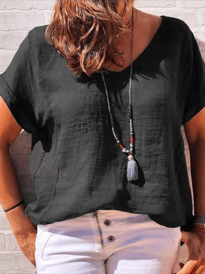 Women's Casual Solid V-neck Cotton Linen Short Sleeve T-shirt