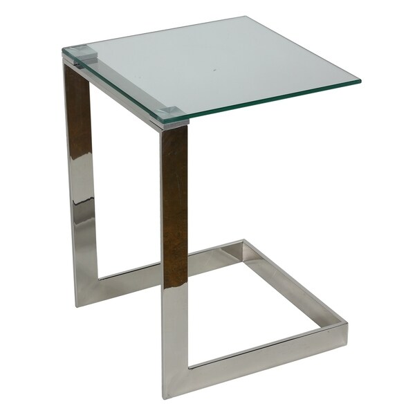 Cortesi Home Zulu End Table， Stainless Steel with Glass Top， C Shape 16x16