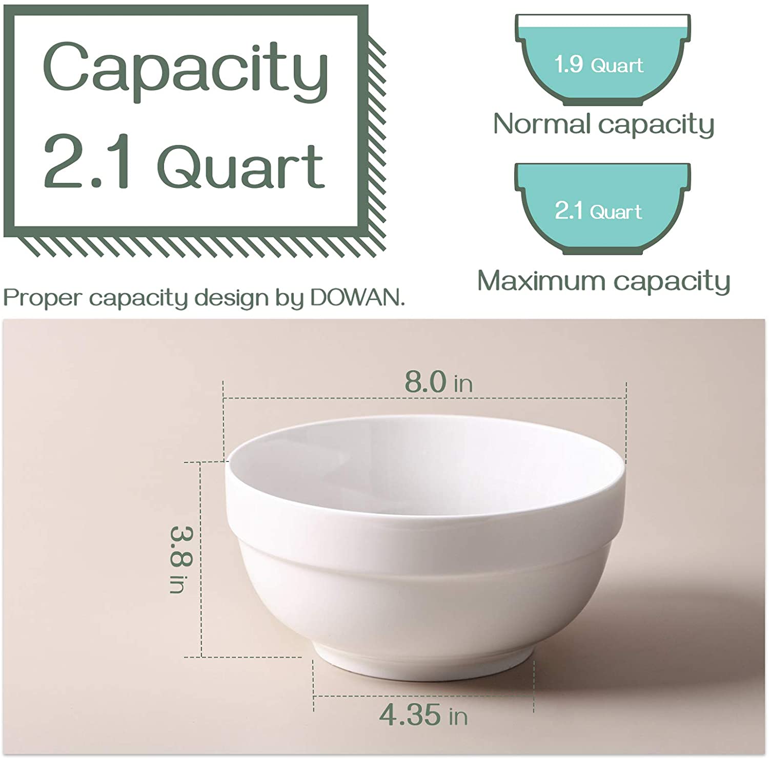 DOWAN 8 Large Serving Bowls - 2 Quart Big Salad Bowl， Porcelain White Bowl for Kitchen， Soup， Salad， Pho， Pasta， Ramen， Popcorn， Ceramic Mixing Bowl， Microwave and Dishwasher Safe， Set of 2， White