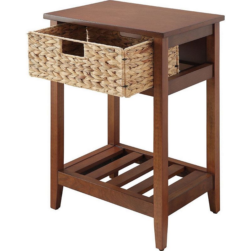 MDF Accent Table with Rattan Storage Basket and Slatted Shelf， Brown