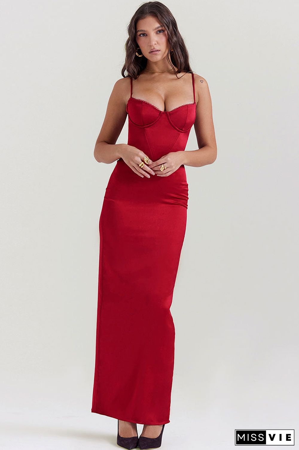 Sexy Silky Satin Sweetheart Spaghetti Strap Split Corset Evening Maxi Dress - Red