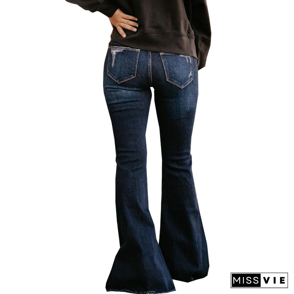 Plus Size Washed Hole Denim Stretch Flared Pants