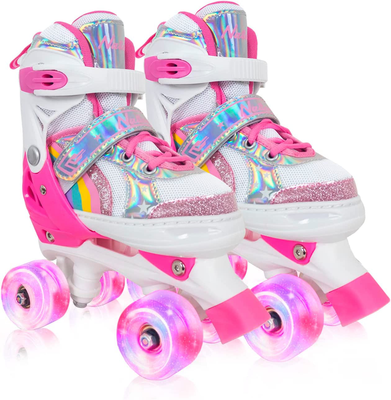 Nattork Roller Skates Rainbow for Gilrs Boys Kids 4 Sizes Adjustable Pink Size S