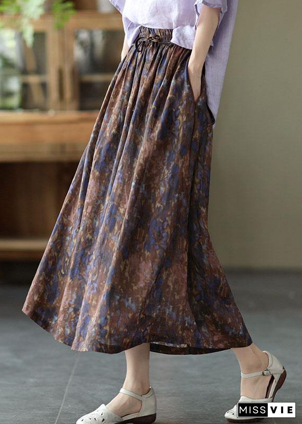 Chic Khaki Print Patchwork A Line Skirt Linen Fall