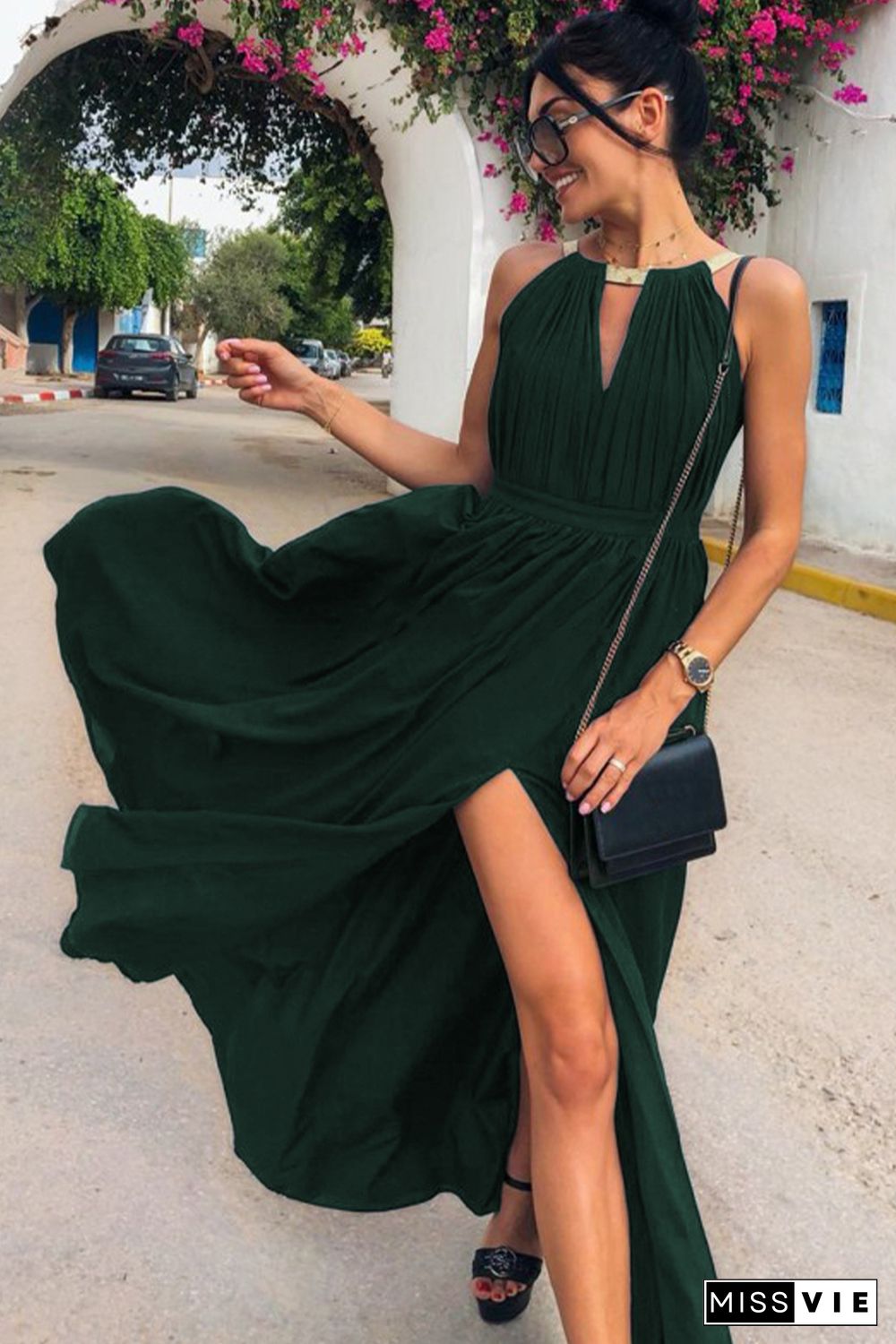 Green Glitter Trim Cutout Strapless Slit Party Dress