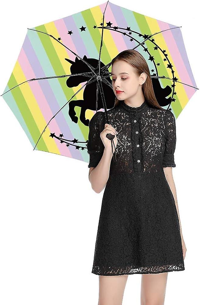 Colourlife Travel Umbrella Black Unicorn On Rainbow Automatic Windproof Foldable Umbrella For Sun and Rain