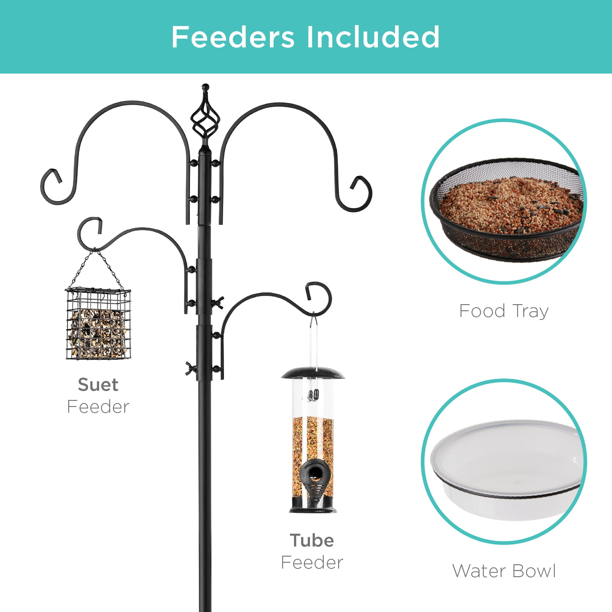 Best Choice Products 91in 4-Hook Bird Feeding Station， Steel Multi-Feeder Stand w/ 2 Feeders， Tray， Bird Bath - Black