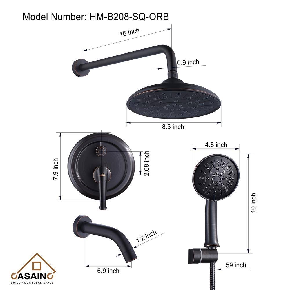 CASAINC 3-Spray Patterns 8.3 in. Tub Wall Mount Dual Shower Heads in Spot Resist Oil-Rubbed Bronze HM-B208-SQ-ORB