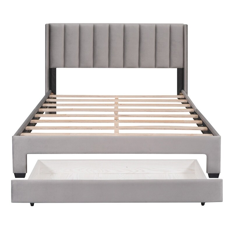 Queen/Full Size Velvet Upholstered Platform Bed with a Big Storage Drawer