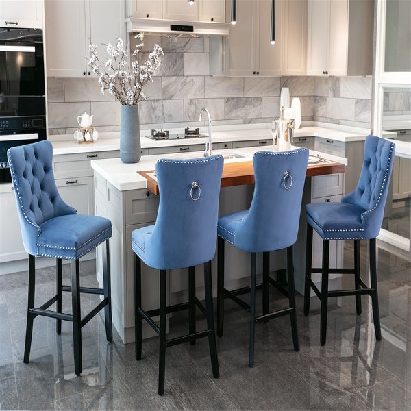 Velvet Upholstered Barstools with Button Tufted Decoration and Wooden Legs