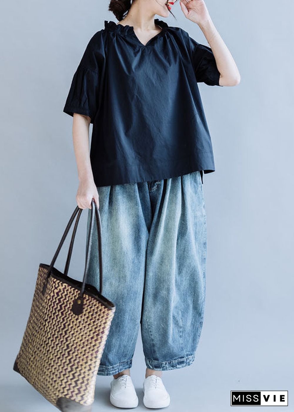 Loose Navy Ruffled Solid Color Cotton Shirt Tops Short Sleeve