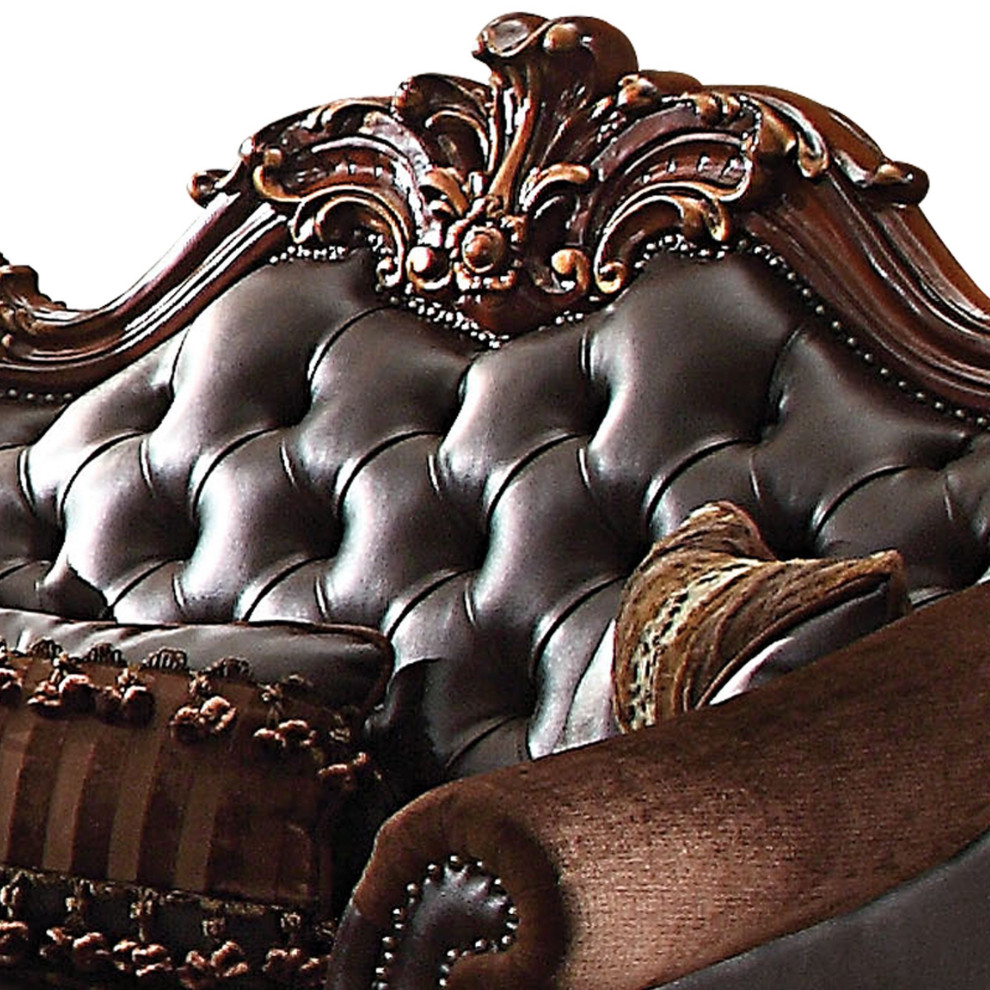 Leatherette Crown Top Loveseat With Pillows And Scrolled Legs  Cherry Brown   Victorian   Loveseats   by VirVentures  Houzz