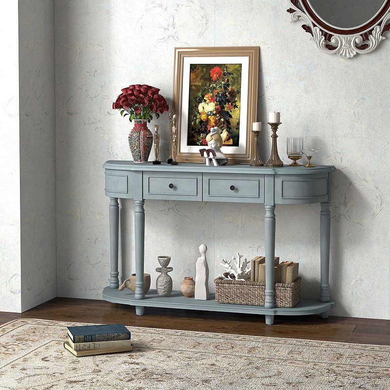 52 Retro Console Table With 2 Drawers And Open Shelf Entryway Sofa Table-Blue