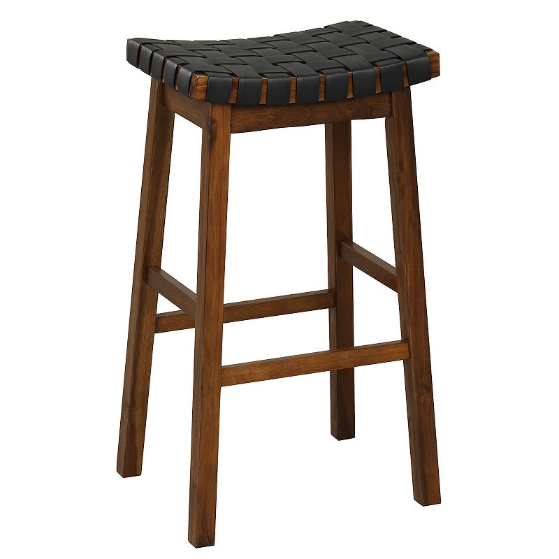 Faux Pu Leather Bar Height Stools Set Of 2 With Woven Curved Seat