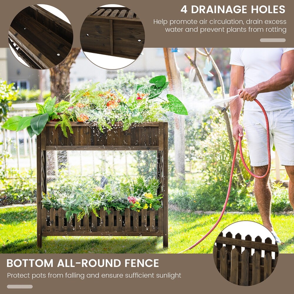 Costway 2 Tier Wood Raised Garden Bed Elevated Planter Box for   35.5''x 12''x 35.5''