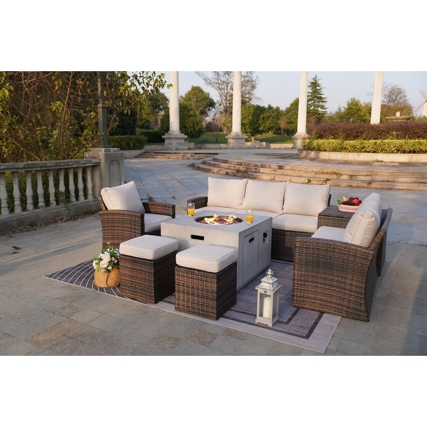 7Piece Patio Brown Rattan Wicker Conversational Sofa Set with Fire Pit Table and Storage Box