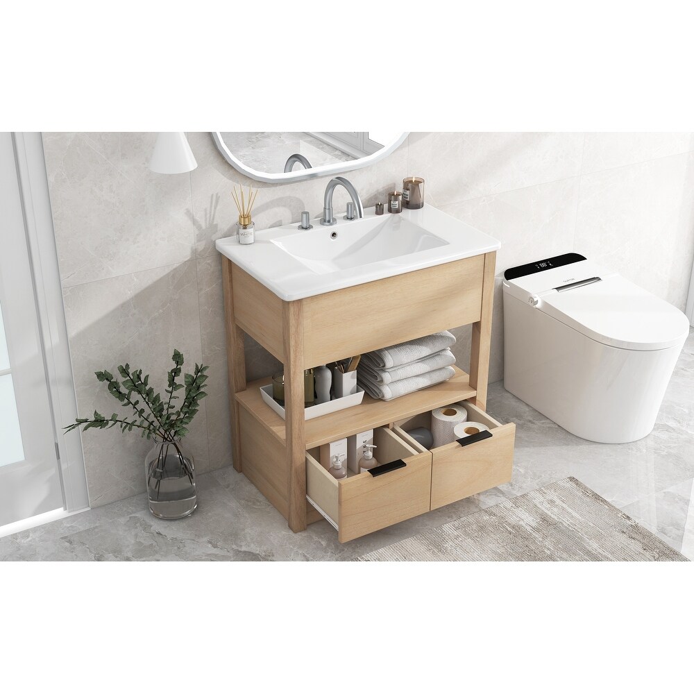 Multifunction Vanity with Ceramic Sink  Bathroom Sink Counter  Open Storage Shelf with 2 Drawers  Toilet Standing Cabinet