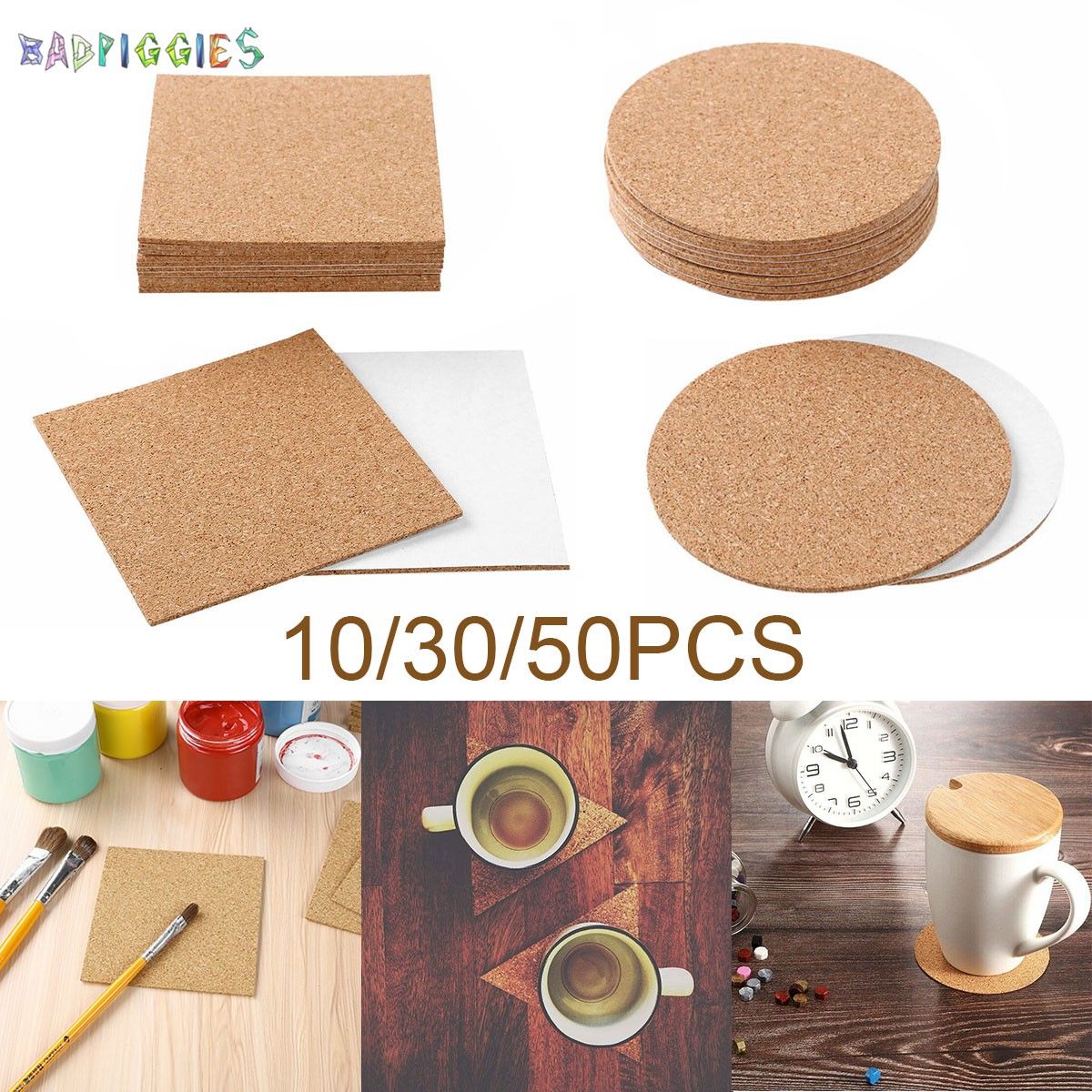 BadPiggies 30 Pcs Self-Adhesive Cork Round 4 x 4 Inch Cork Circle Backing Sheets Cork Tiles for Cork Coasters and DIY Crafts