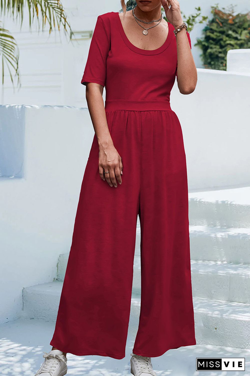 Plain U Neck High Waist Wide Leg Jumpsuit