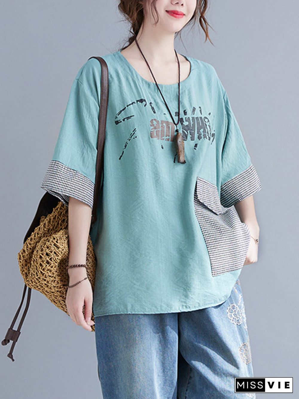 Original Letter Print Split-Joint Round-Neck T-Shirts Tops