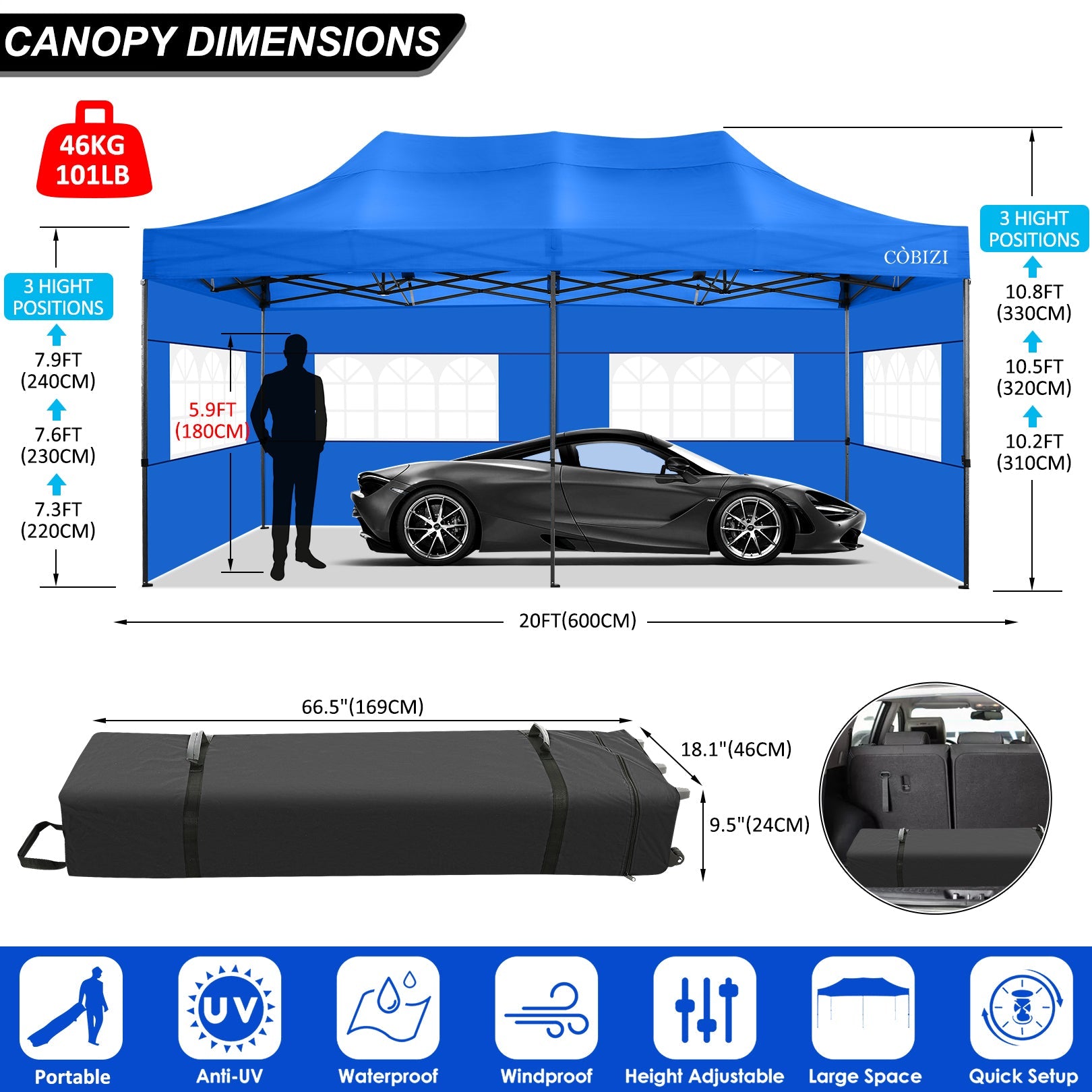 10'x20' Canopy EZ Pop Up Canopy Anti-UV Waterproof Outdoor Tent Portable Party Commercial Instant Canopy Shelter Height Adjustable Tent Gazebo with 6 Removable Sidewalls, 6 Sandbags, Roller Bag, Blue