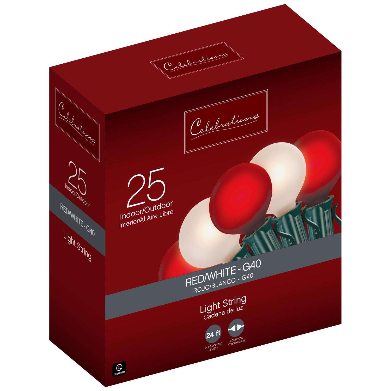 Celebrations Incandescent G40 Globe Red/White 25 ct String Christmas Lights 24 ft.