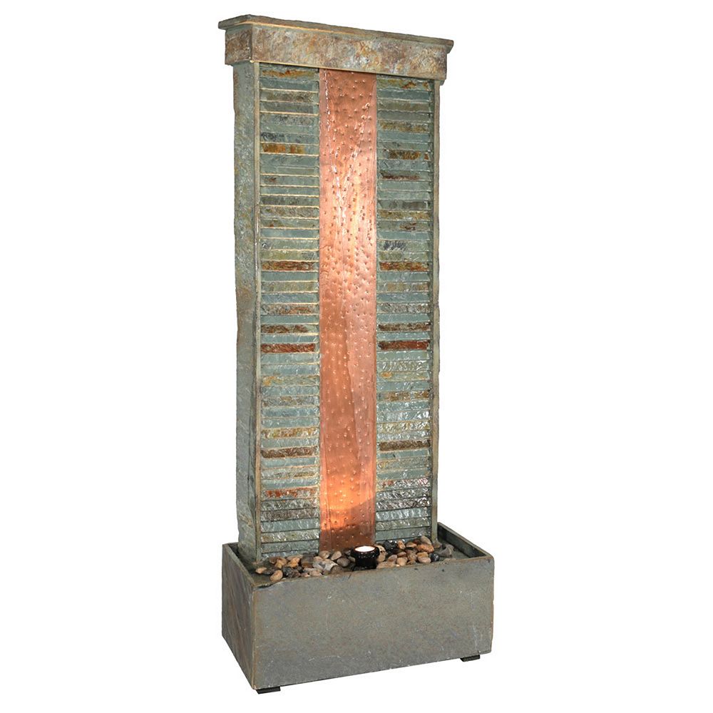 Sunnydaze Rippled Slate Indoor Water Fountain with Copper/LED Light - 48 in