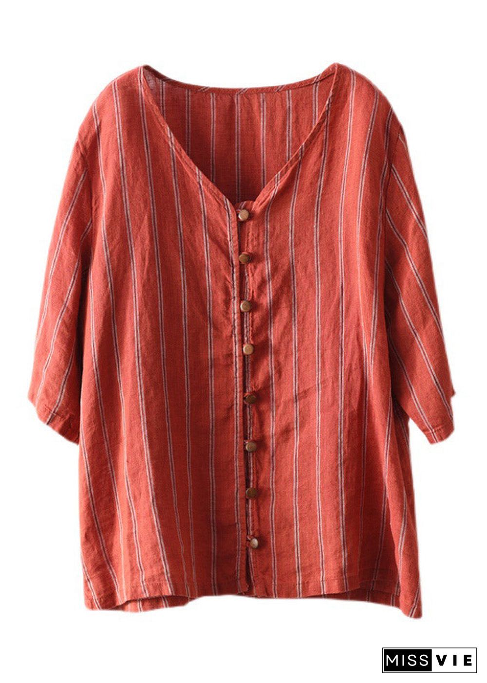 Red V Neck Striped Button Linen Shirts Half Sleeve